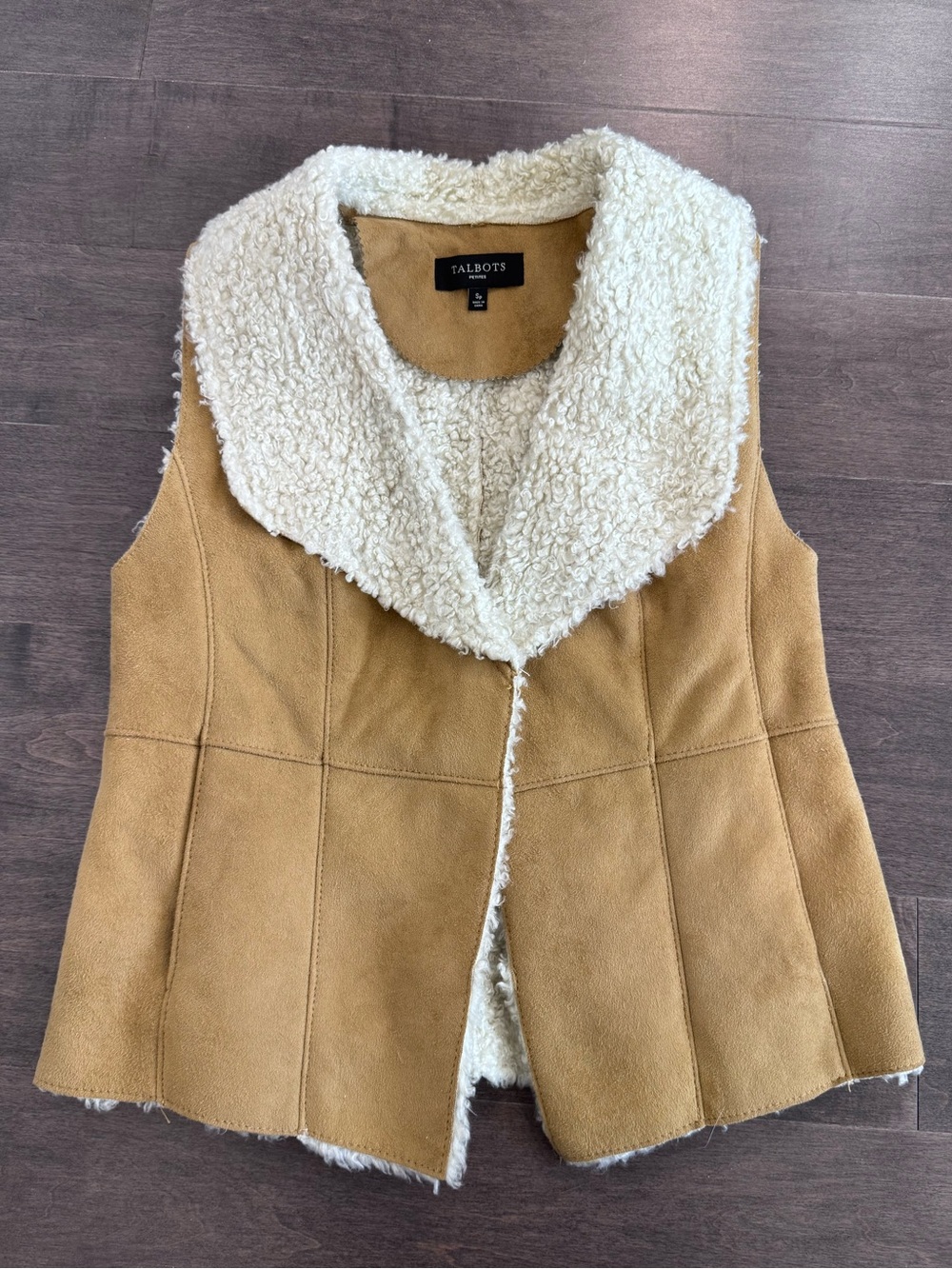 Talbots Tan Suede Vest with Cream Shearling Collar